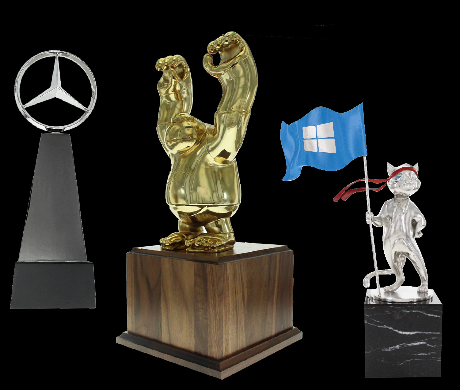 three industry leading custom corporate awards, Mercedes Binz silver trophy, a golden gorilla award, and a microsoft silver cat
